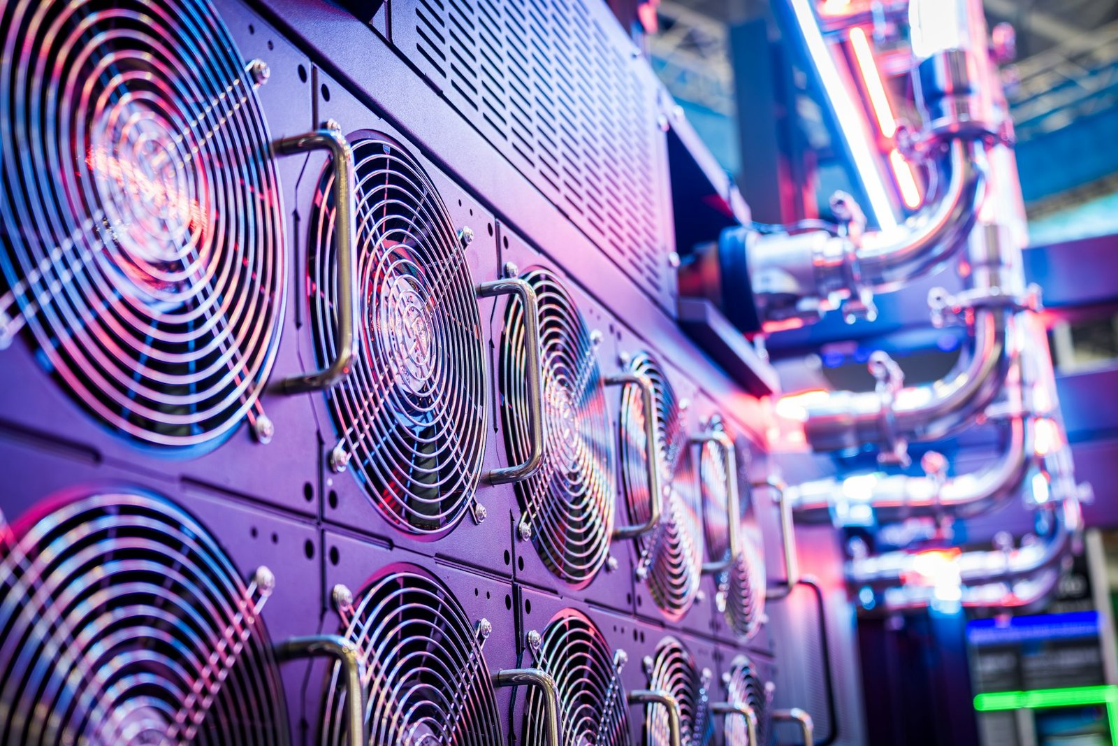 Rows of server racks in a modern data centre